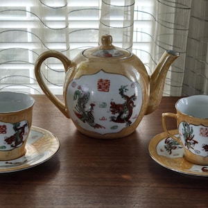 Vintage Chinese Dragon and Phoenix Set of 3, Mid Century Peach Lusterware Porcelain Teapot, Teacups and Saucers