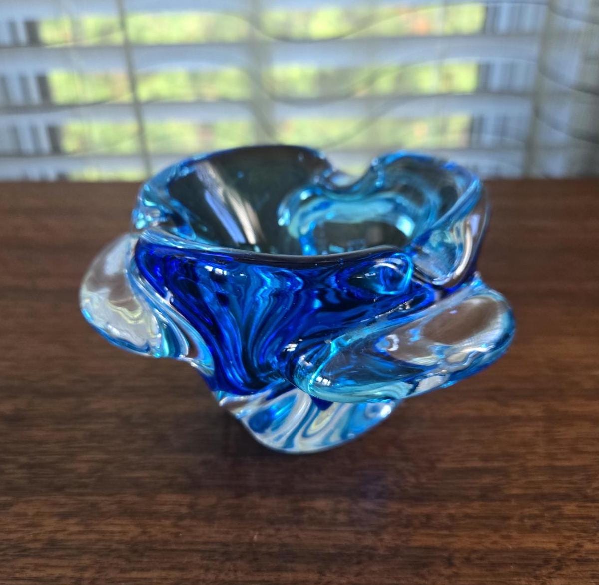 Vintage Murano Art Glass Dark Aqua Blue Biomorphic Bowl Dish
