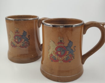 Nasco Beer Steins Set of 2, Vintage Ceramic Mugs with United Kingdom Crest, 4.75"
