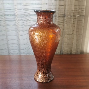 Aventurine Art Glass Vase Textured Amber with Gold Copper Flakes Hand Blown Vintage Large Vase 14.5&quot;