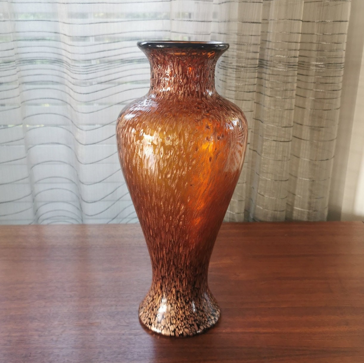 Aventurine Art Glass Vase Textured Amber with Gold Copper Flakes Hand Blown Vintage Large Vase 14.5"