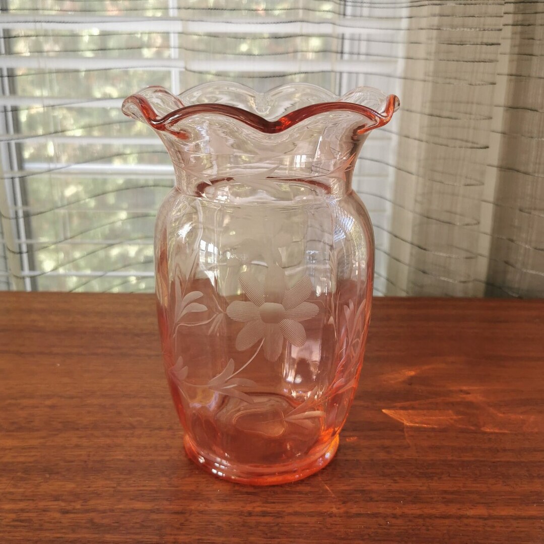 Pink Depression Glass Etched Vase Vintage Scalloped Ruffled Etsy