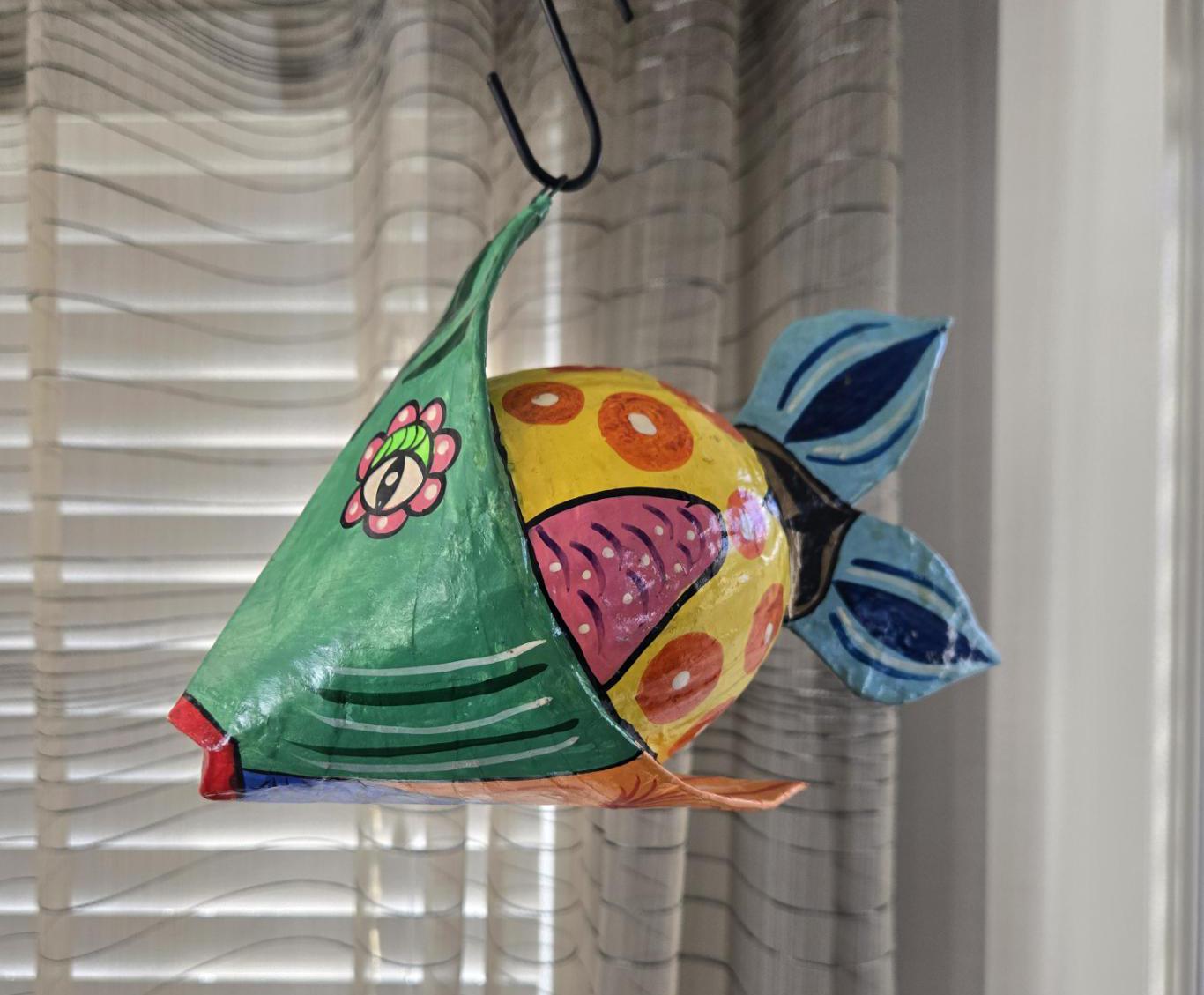 Paper Plate Rattle Paper Mache Rattle Fish, Vintage Hand Painted Hanging Rattling ...