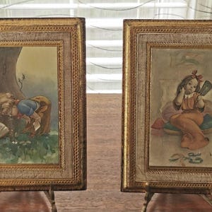 Italian Florentine Print Plaques Set of 2, Gesso Gilt on Wood Vintage Plaques with Walter Hoesch Bambini Prints Pictures 8"
