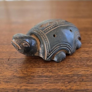 Mayan Aztec Clay Ocarina Turtle Whistle, Vintage Pre Columbian Terracotta Etched Tortoise Figurine 5 Finger Holes, 5"