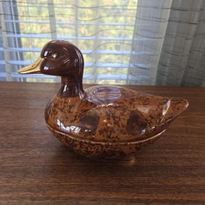May include: A brown ceramic duck figurine with a speckled pattern. The duck has a glossy finish, a golden beak, and a detailed head. The duck is a decorative item, likely for display or storage.