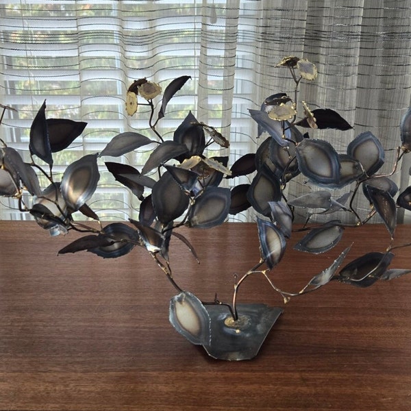 Arbre en laiton taillé au chalumeau, sculpture brutaliste en métal vintage, buisson floral de 21 po.