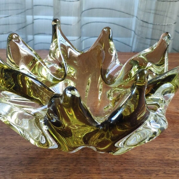 Murano Hand Blown Sommerso Bowl Vintage Italian Art Glass Olive Green Bowl Dish Ashtray 6.5"