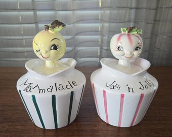 Lefton Pixieware Marmalade and Jam Pots, Set of 2 Vintage Anthropomorphic Fruit Pixie Lidded Jars, 5.5" signed