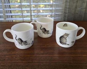 Royal Worcester Katzen- und Maus-Tassen, 3er-Set Wrendale-Designs von Hannah Dale Vintage-Kaffeeteetassen 8,5 cm, signiert