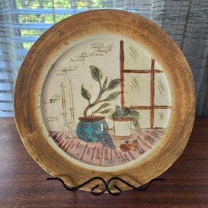 Studio Art Pottery Still Life Plate 12.5&quot; Signed Hubert Du Roscoat Vintage Canadian Artist Bisque Sgraffito Dish, plate stand included