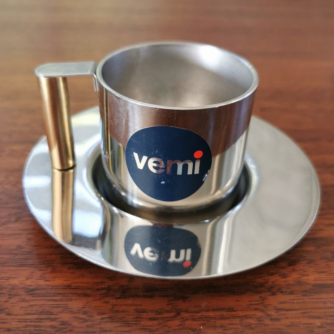Vemi Machine VEMI Inox Brass Espresso Cup and Saucer, Vintage Italian Stainless ...