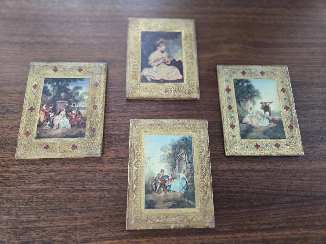 Italian Florentine Print Plaques Set of 4, Gesso Gilt on Wood Vintage ...
