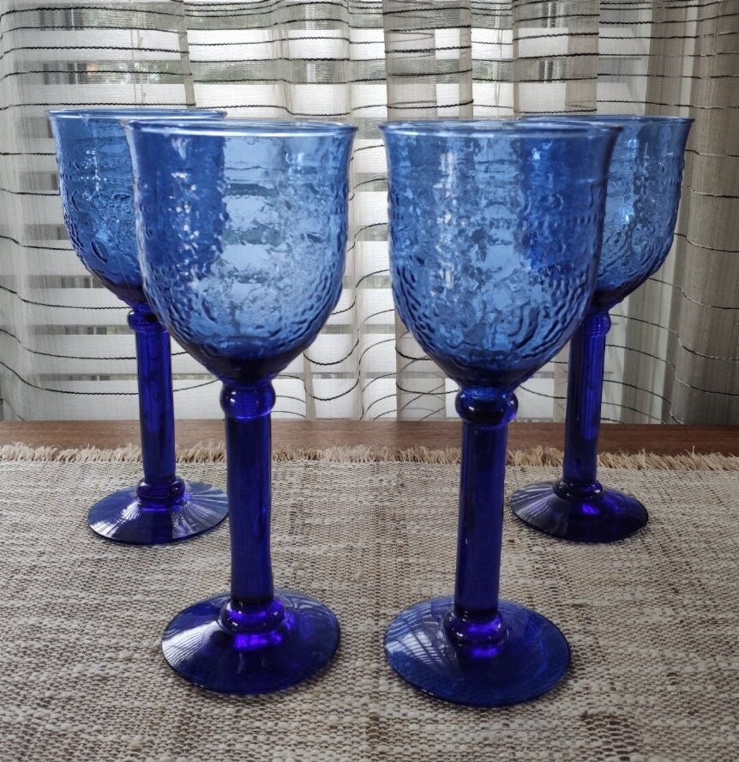 Mexican Art Glass Blue Stem Glasses Set of 4 Vintage Tall Cobalt Blue