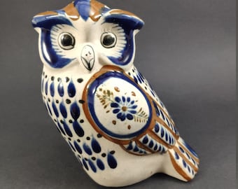 Mexican Tonala Owl Figurine, Made in Mexico Vintage Hand Painted Folk Art Sculpture 5.25&quot;