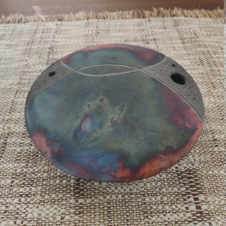 Raku Ikebana Disc Vase Iridescent Studio Art Pottery Vintage Etsy