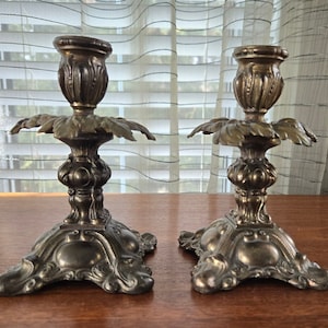 Bronze Finish Brass Candlesticks Set of 2, Vintage Ornate Embossed Pedestal Candle Holders 6.25&quot;