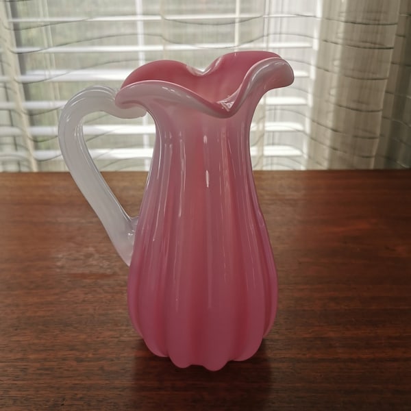 Archimede Seguso Pink Opaline Fluted Pitcher Vase, Vintage Murano Alabastro Pink Art Glass 8 1/8"