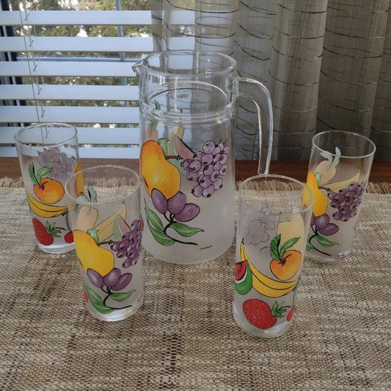 French Vintage Fruit Pattern Glass Pitcher and Juice Glasses. 