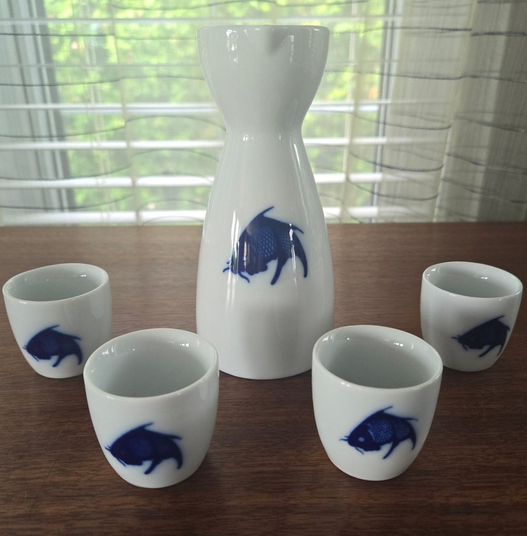 Set of 5 Porcelain Blue Koi Fish Tokkuri and Sake Cups, Vintage Sake ...
