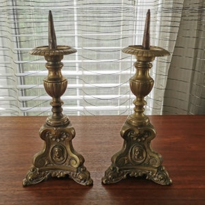 Pair of Large Antique 19th Century French Gilt Brass Enamel Pricket Altar  Candlesticks -  Canada