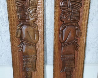 Mayan Aztec Wooden Panels Set of 2, Vintage Hand Carved Gods Warriors Large Wood Wall Artworks 30"