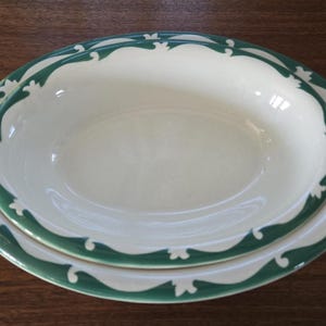 Newport Pottery Oval Serving Bowls, Set of 2, Made in England Burslem Green Wave Vitrified Ironstone 10.25" and 12", signed