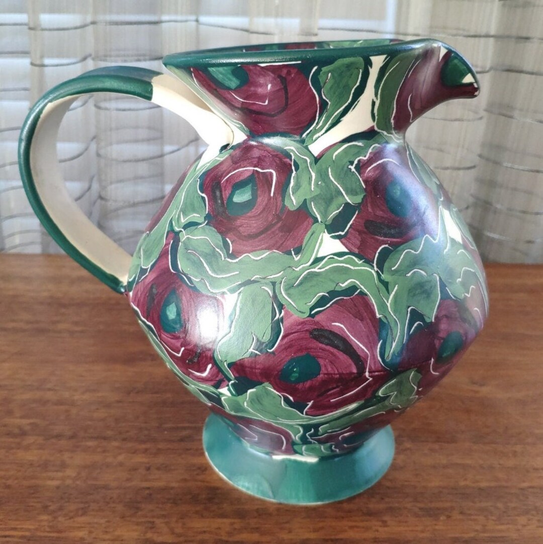 Studio Art Pottery Jug Hand Painted Vintage Pitcher Vase Abstract Roses ...