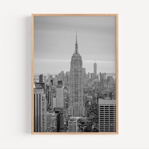 Wydruk z Nowego Jorku, Sztuka czarno-biała, Monochromatyczny plakat podróżniczy z Nowego Jorku w stylu vintage, Panorama Manhattanu, Dekoracja ścienna cyfrowa, Dzieła sztuki z krajobrazem miejskim