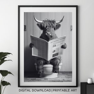 Scottish Highland Cow in the Bathroom Reading the Newspaper| Wall Art | Fun Bathroom Decor| Animal Bathroom Print| Funny Bathroom Prints