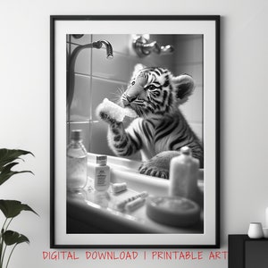 Baby Tiger in the Bathroom, Printable Art, Animal Humor, Funny Bathroom Decor, Bathroom Art, Animal Art, Funny Bathroom Print, Baby Tiger