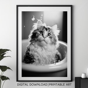 Fluffy Cat Art in the Bathtub, Wall Art,  Funny Animal Bathroom Art, Fun Cat Digital Download, Cat Lover Gift, Kids Bathroom Decor. Digital.