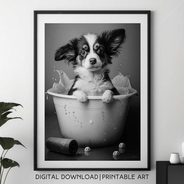 Border Collie in the Bathroom Taking a Bath. Digital Art. Fun Bathroom Decor. Animal in Bathtub. Bathroom Print. Bath Time Art. Dog Lover