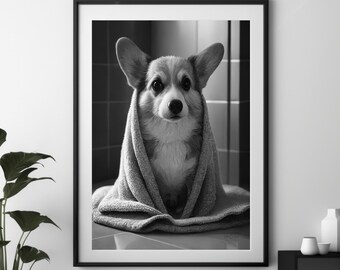 May include: A black and white photograph of a corgi dog wrapped in a towel, looking at the camera. The dog is sitting on a tiled floor in a bathroom.