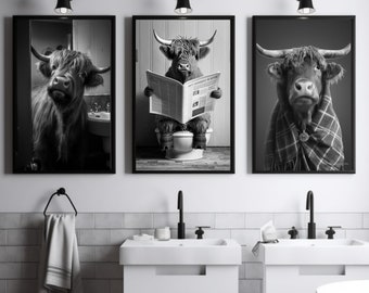 3 Piece Wall Art. Highland Cow Print. Funny Bathroom Prints. Cow on Toilet Wall Art. Bath time art. Black and White pic. Bathroom Prints