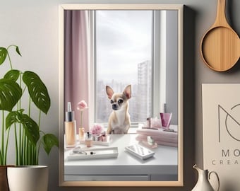 Fun Chihuahua Art - Vanity Make-up, Pink Wall Art, Whimsical Decor, Chihuahua Dog Wall Art, Chihuahua Gifts, Printable Artwork, Gift for her