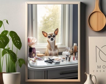 Fun Chihuahua Art - Vanity Make-up, Pink Wall Art, Whimsical Decor, Chihuahua Dog Wall Art, Chihuahua Gifts, Printable Artwork, Gift for her
