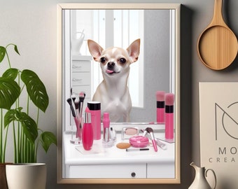 Cute Chihuahua Art - Make-up, Fun Bathroom Decor, Whimsical Decor, Chihuahua Dog Wall Art, Bathroom Poster, Chihuahua Gifts, Printable