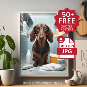 Dachshund Wall Art, Funny Bathroom Art, Dachshund Puppy, Animal in Toilet, Pet shop Art, Dog Art, Dachshund Collection, Instant Download.