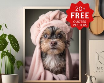 May include: A small, black and brown dog wearing a pink towel on its head. The dog is looking directly at the camera. The image is in a white frame with the text "DIGITAL DOWNLOAD | PRINTABLE ART" below the image.