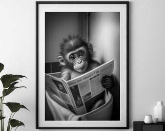 Monkey Reading the Newspaper on the Toilet| Funny Bathroom Prints | Monkey Art Print | Toilet Humor | Whimsy Animal Art | Animal on Toilet