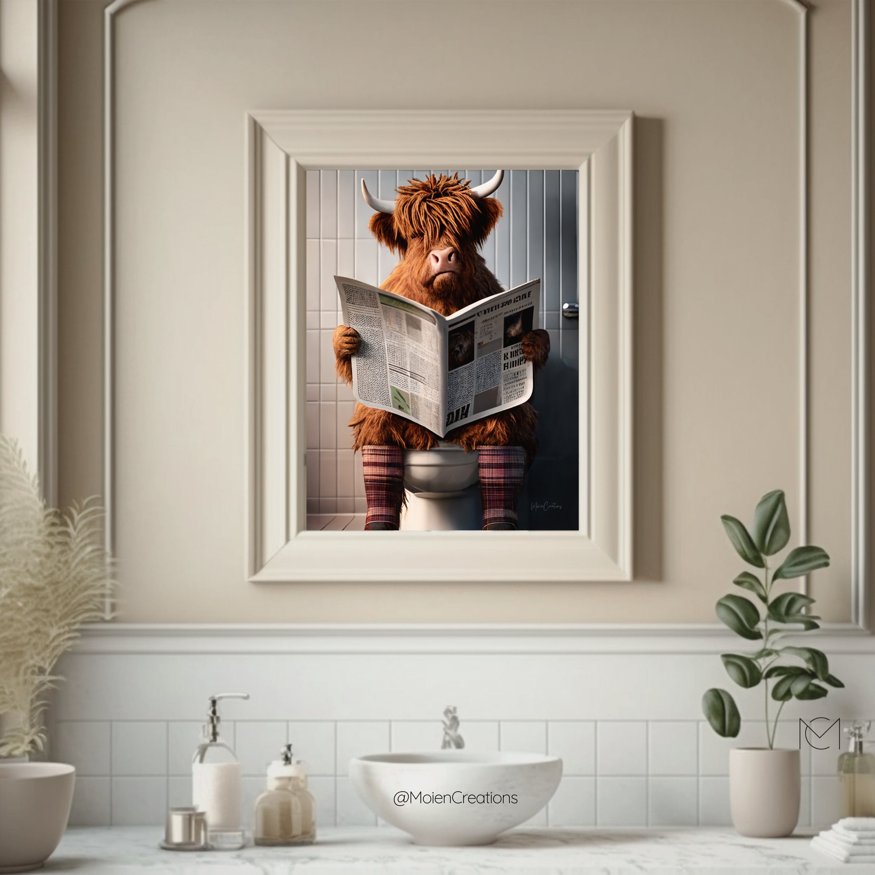 Highland Cow in the Toilet Reading the Newspaper. Wall Art. Fun ...