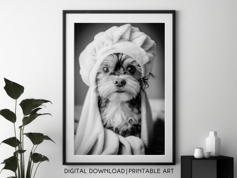Yorkie Dog in the Bathroom Wearing a Shower Cap Wall Art - Etsy