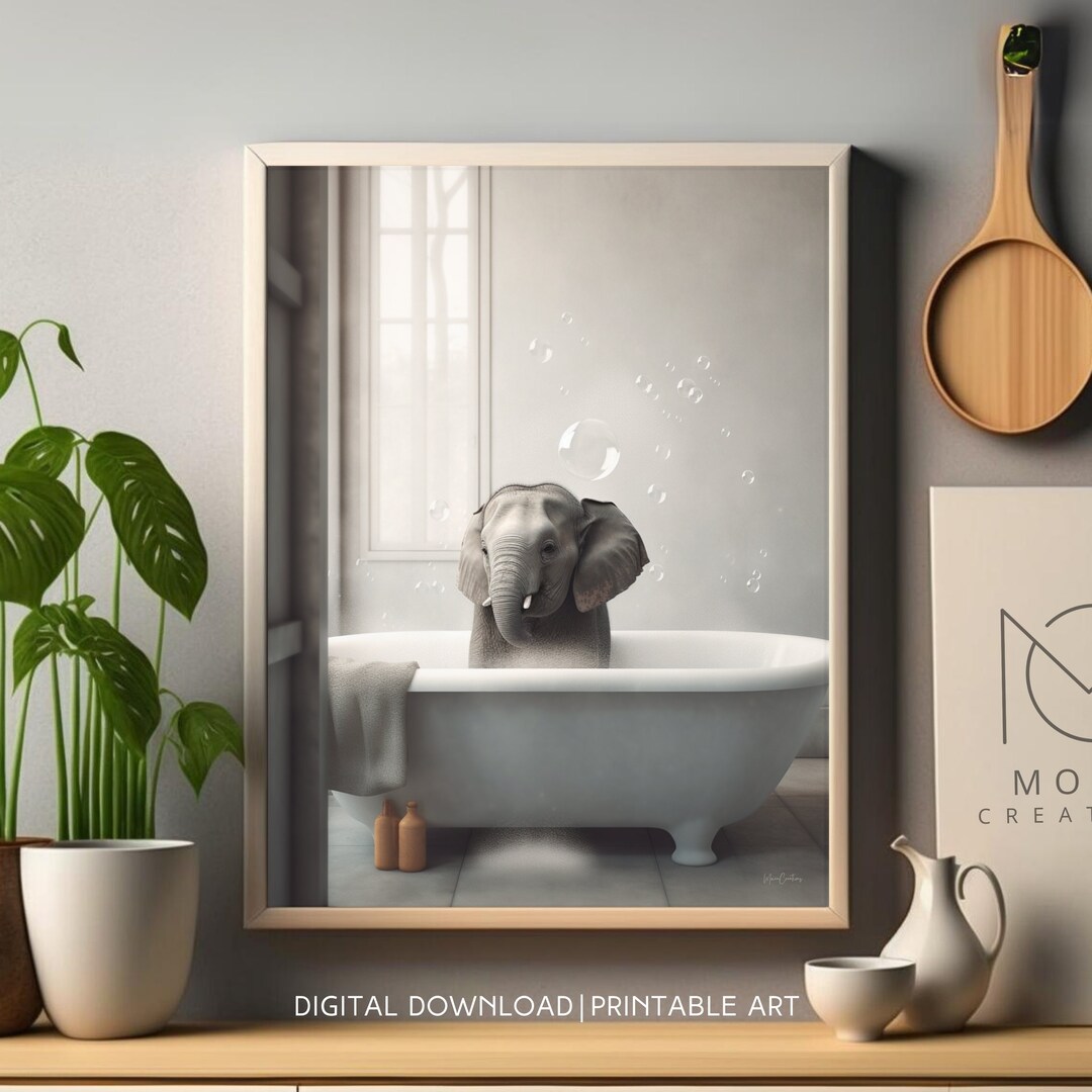 Funny Elephant in Tub Art, Playful Bathroom Decor, Cute Animal Wall ...