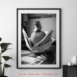 Charming Duck in the Bathroom Reading the Newspaper, Wall Art, Fun Bathroom Decor, Funny Animal Bathroom Print, Duck Art Print. Duck Decor.