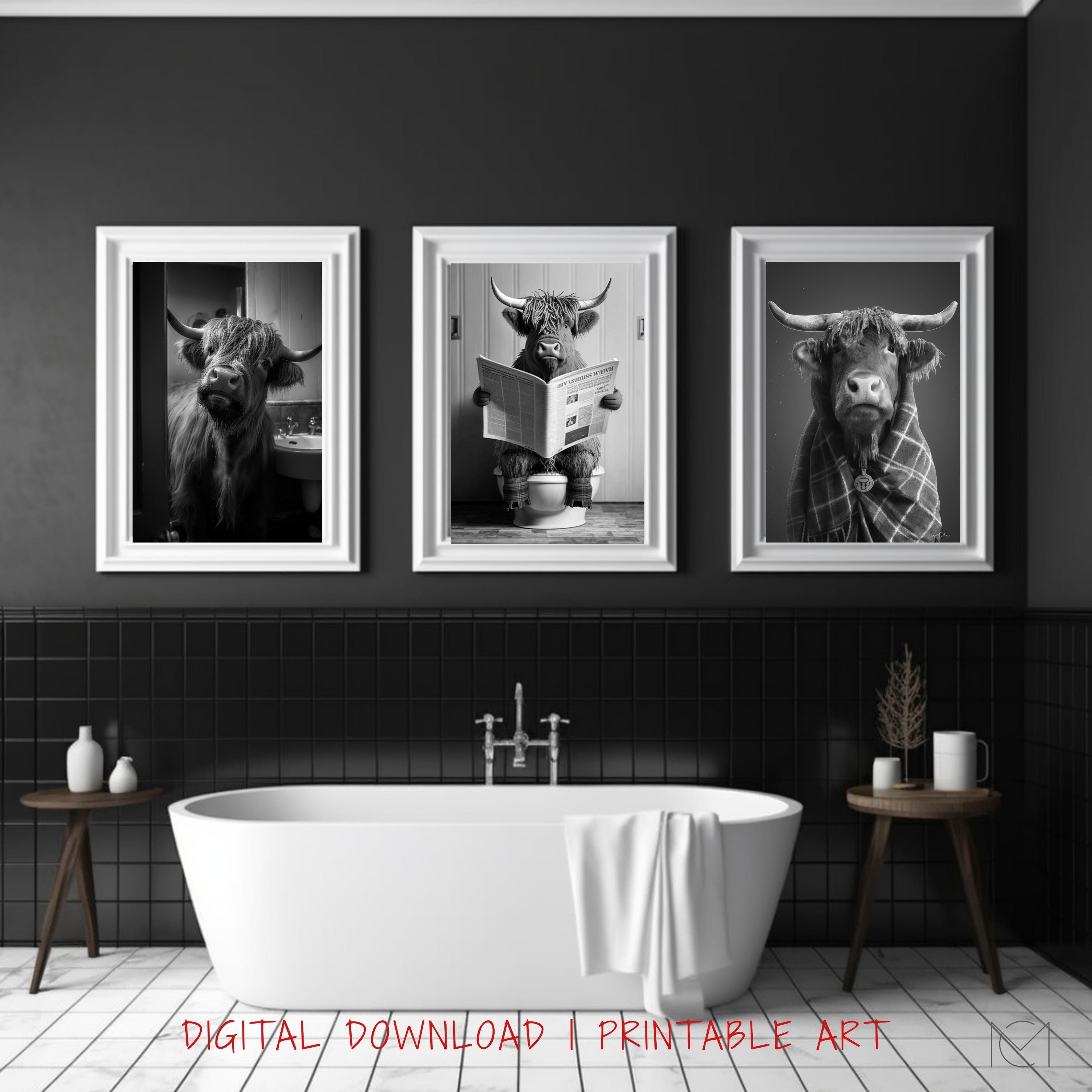 3 Piece Wall Art. Highland Cow Print. Funny Bathroom Prints. Cow on ...