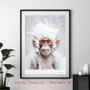 Monkey in the Bathroom | Funny Bathroom Prints | Monkey Art Print | Toilet Humor | Whimsy Animal Art | Bath time Art  | Toddler Bathroom Art