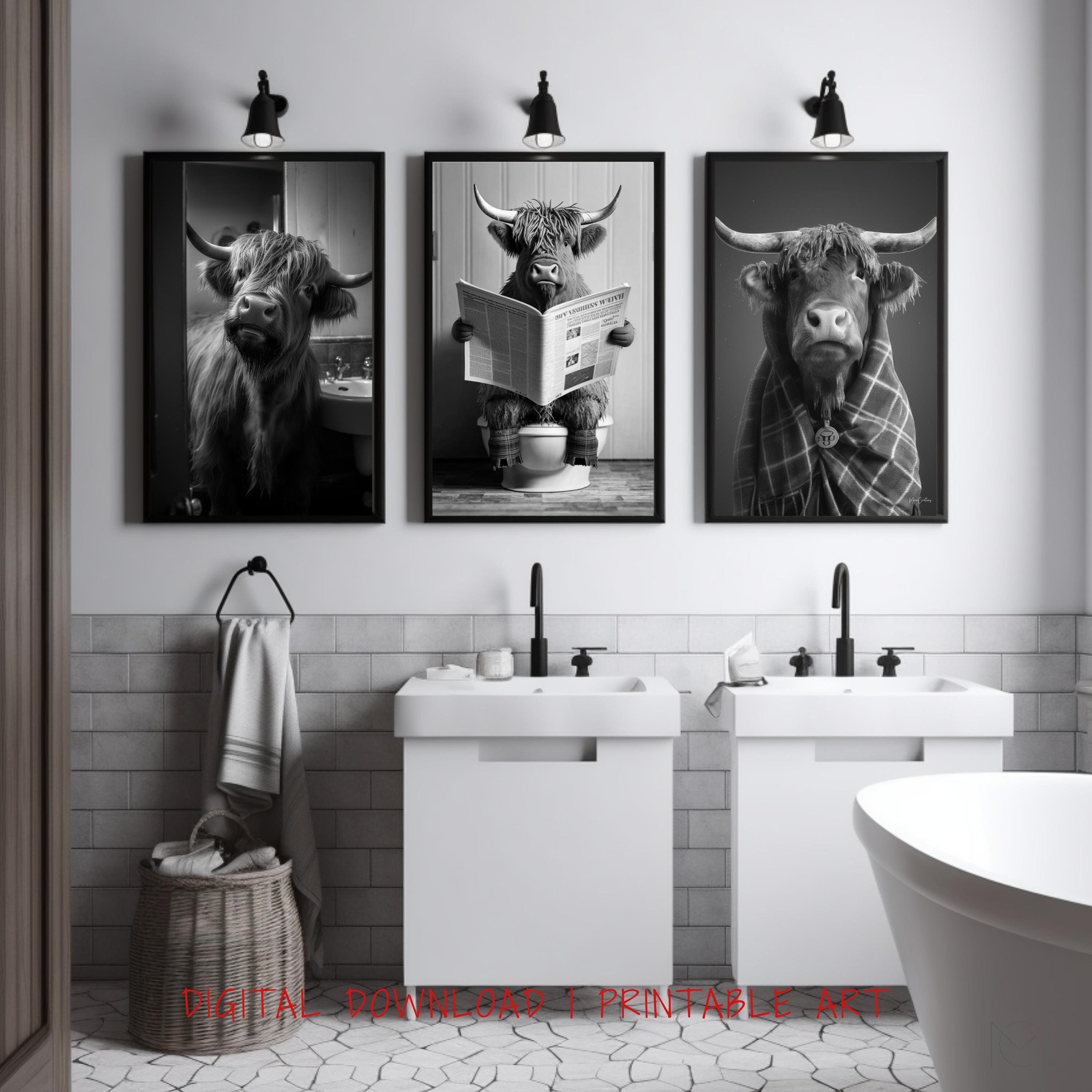 3 Piece Wall Art. Highland Cow Print. Funny Bathroom Prints. Cow on ...