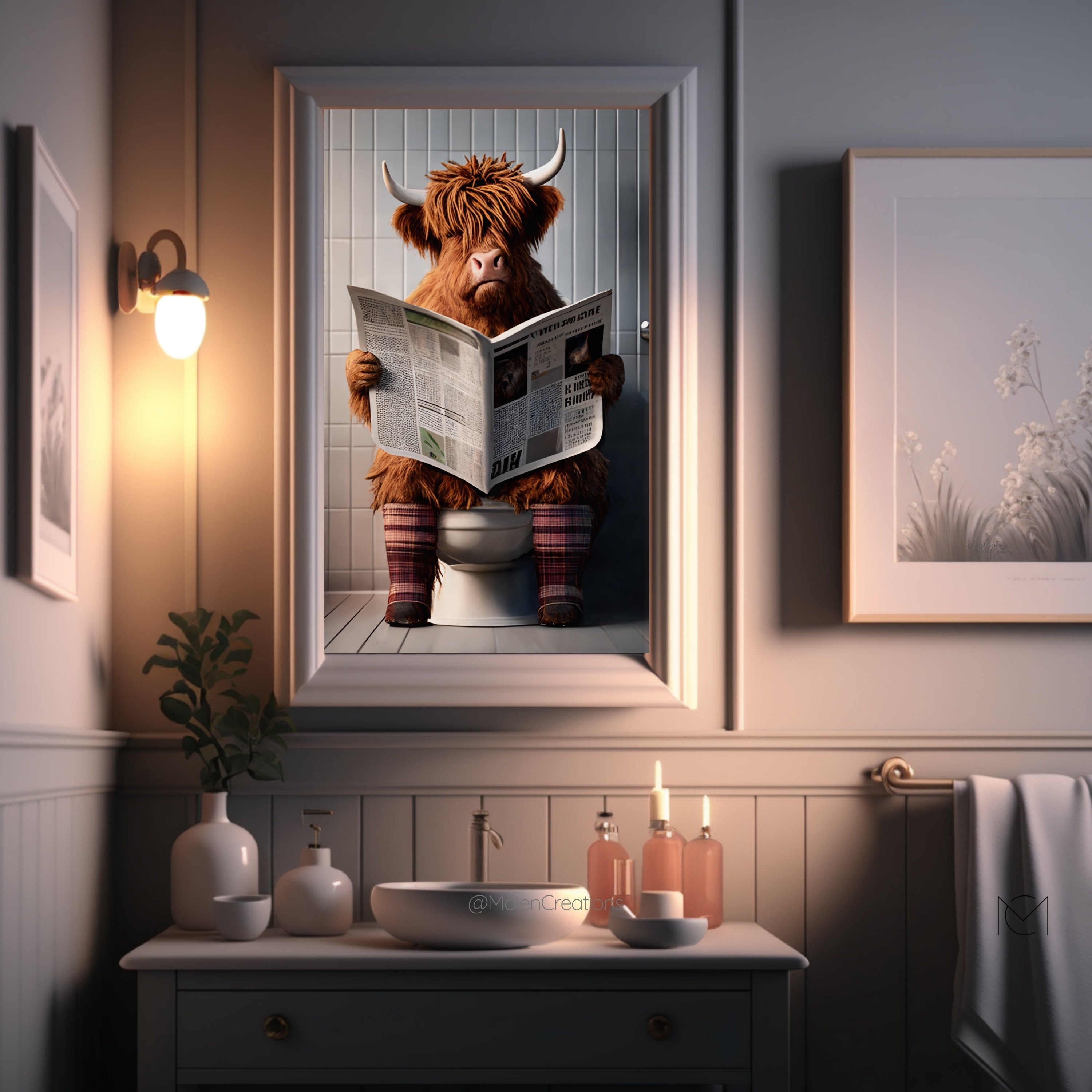 Highland Cow in the Toilet Reading the Newspaper. Wall Art. Fun ...