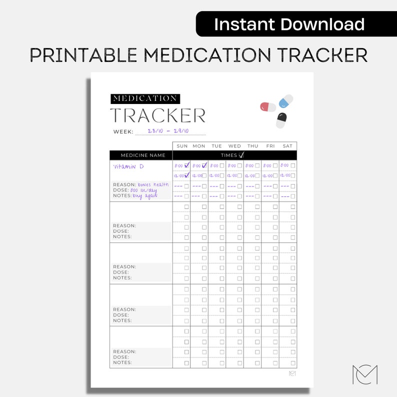 Medication Tracker Printable Medicine Tracker Medication Etsy Medication Tracker Printable Medicine Tracker Medication Etsy